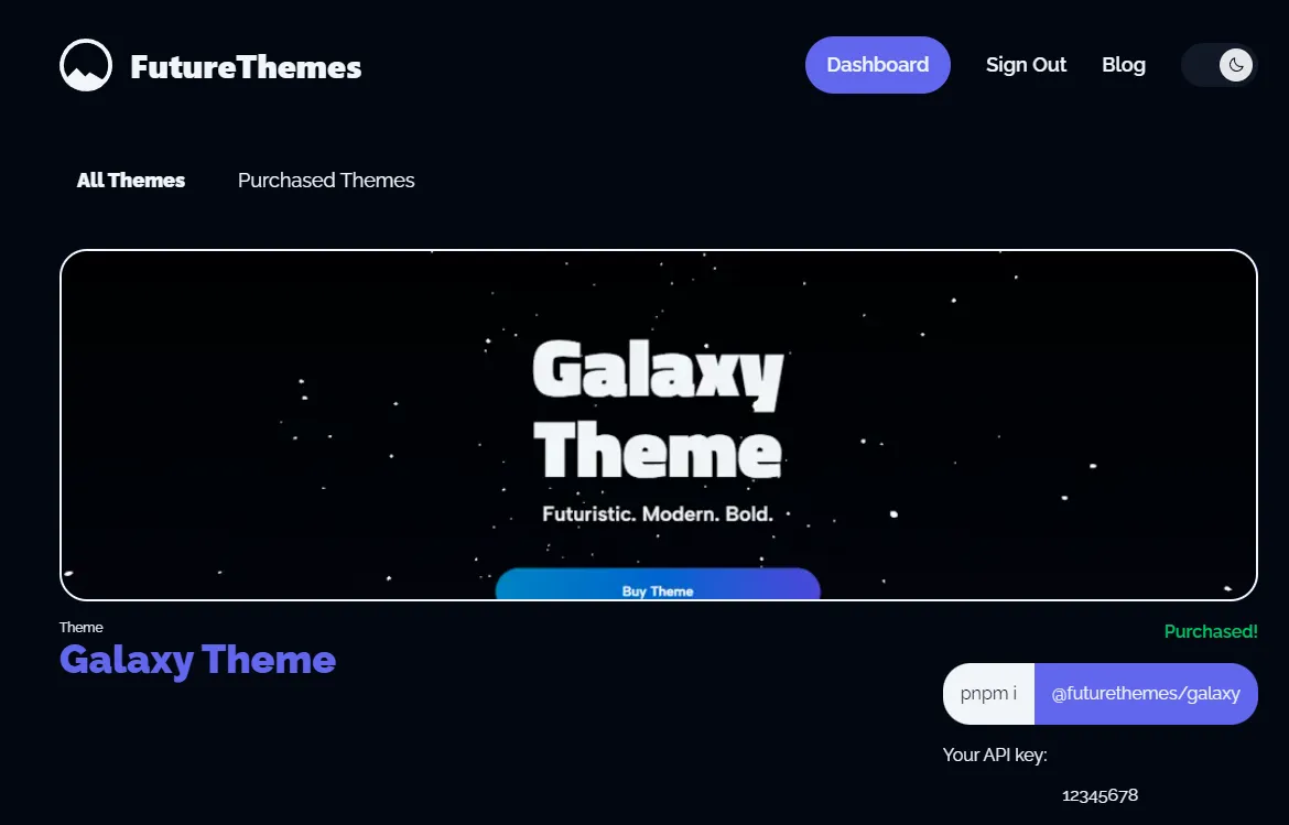The FutureThemes Dashboard with a purchased Theme